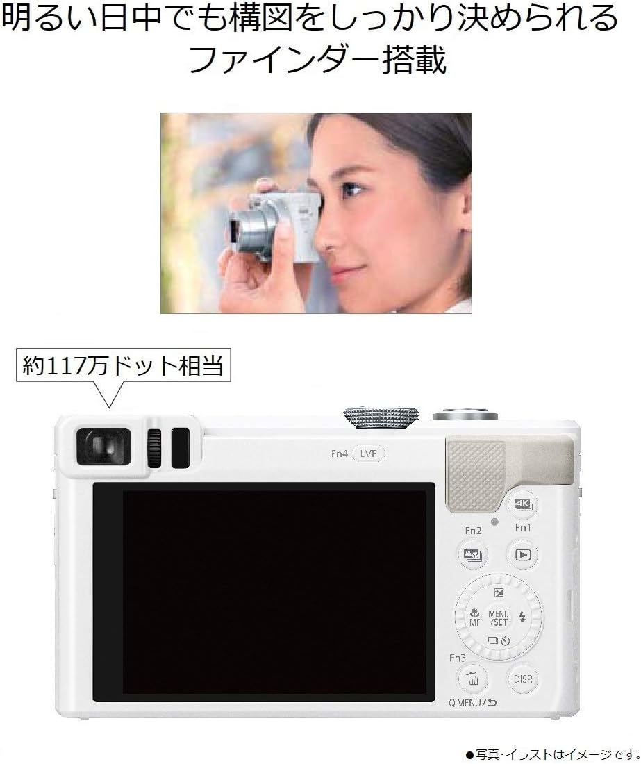 A woman using the camera's viewfinder, and a detailed view of the camera's back panel with the viewfinder and controls.