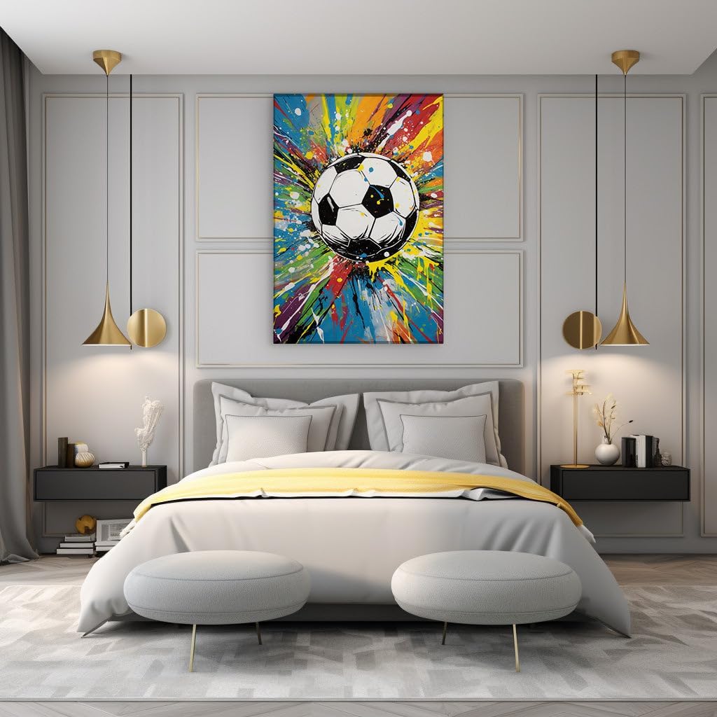 Canvas for Living room. Dynamic Contrast - A Soccer Ball at the Heart of a Color Explosion, 27 x 18 inch Canvas Wall Art - Modern Home Decor