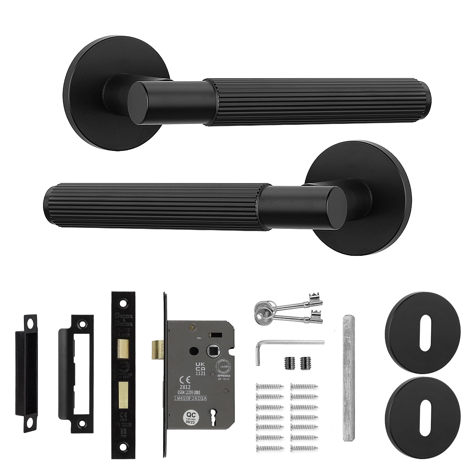 Decoranddecor Hera Black Door Handles Internal - Aluminium Matt Black Door Lever Sets for Wooden Interior Doors - Internal Door Handles with Lock and Keys