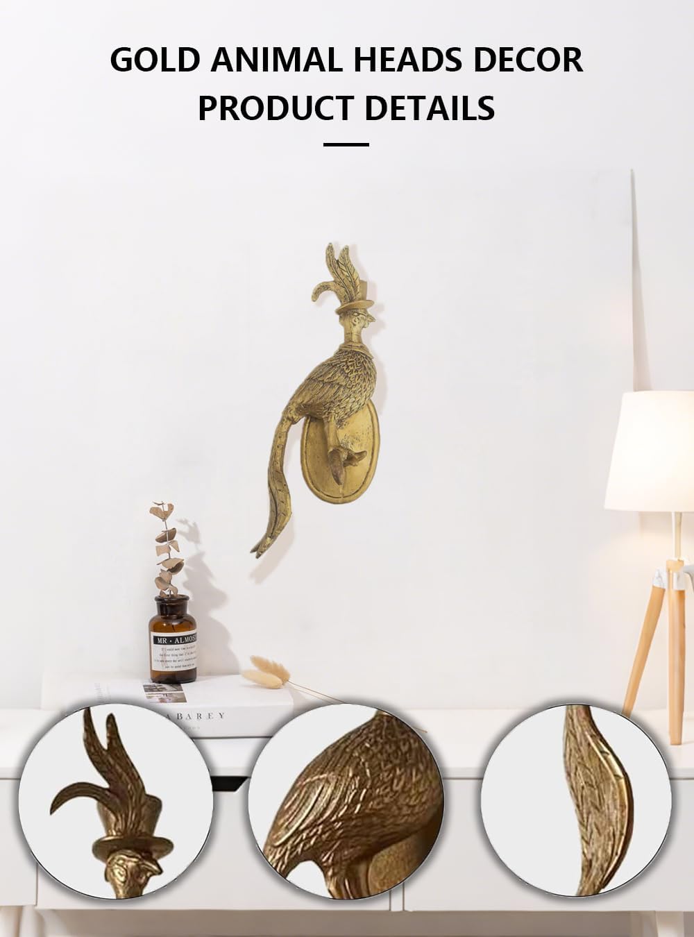 Coyoohouse 3D Animal Head Wall Mount Ornament, Animal Heads for Wall Art Hanging Sculptures, Small Metal Wall Resin Art Wall Decor Ornament Waterproof Bronzed Resin Decorations for Home (Bird)