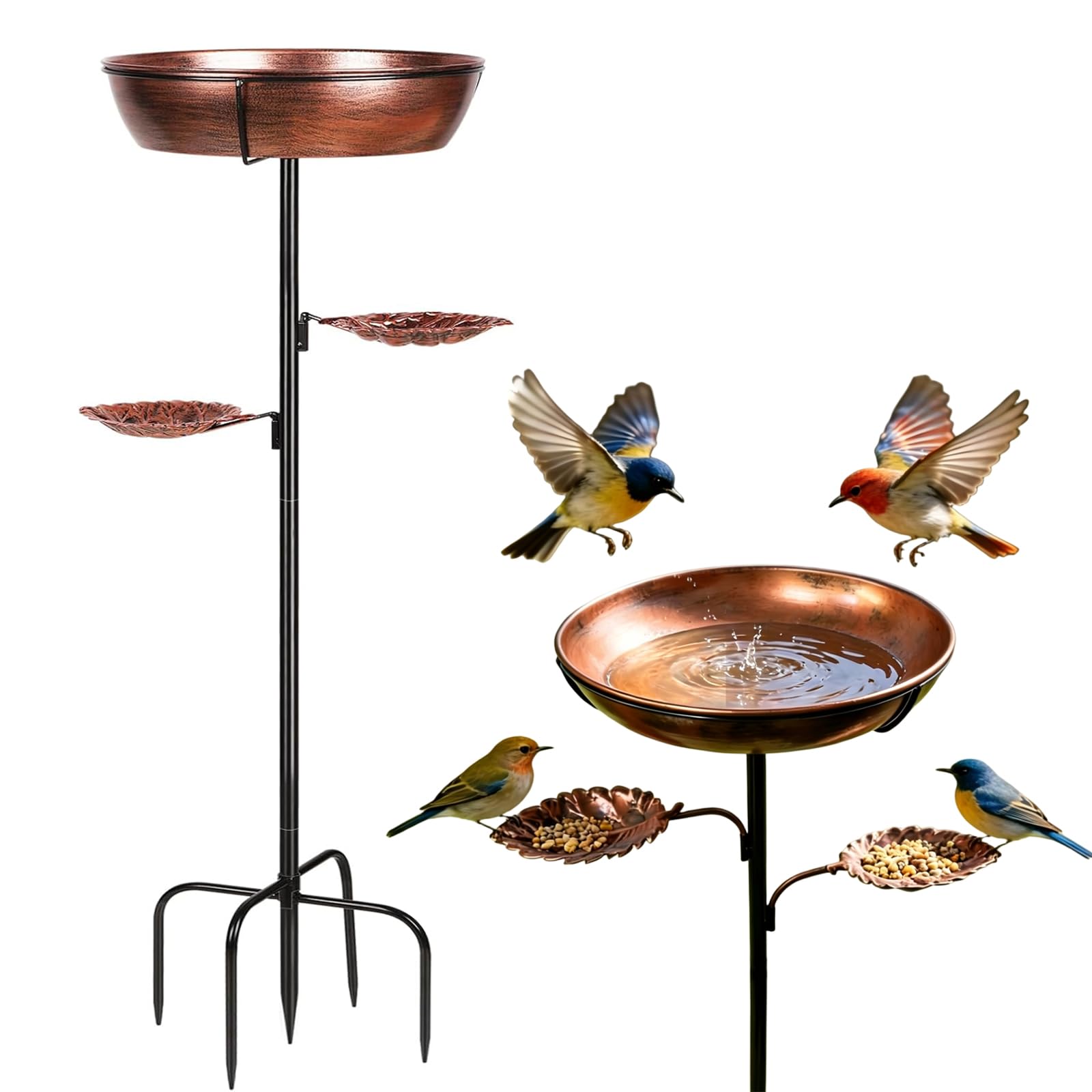 36 Inch Metal Bird Bath with Feeder, Garden Birdbaths and Leaf Shaped Feeder Bowls, Freestanding Supports 5-Pronged Base, Bird Supplies for Outdoor Garden Patio Yard Lawn Decor