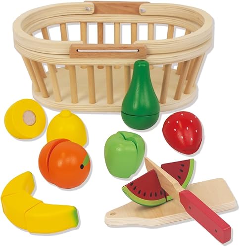 Miniatura 3 de Juego de frutas y verduras de corte de madera para niños, juego de juguetes de comida con cuchillo de madera, bandeja y cesta para niños y niñas