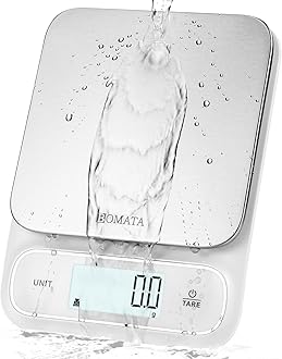 BOMATA Waterproof IPX6 Kitchen Scale, 0.1 g/0.01 oz High Precision, 5 kg/11 lbs, Digital Scale with Backlight, Stainless Steel Weighing Platform, for Food, Cooking, Weight Loss.. B619, White&Grey