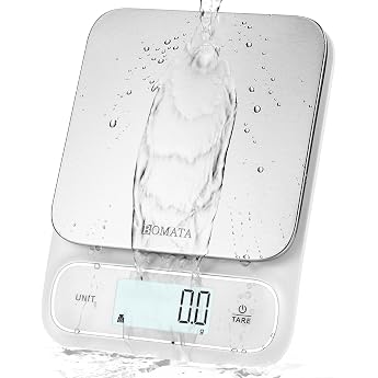 Bomata Waterproof IPX6 Kitchen Scales with 0.1 g High Precision | 5kg capacity, backlight, stainless steel weighing platform,