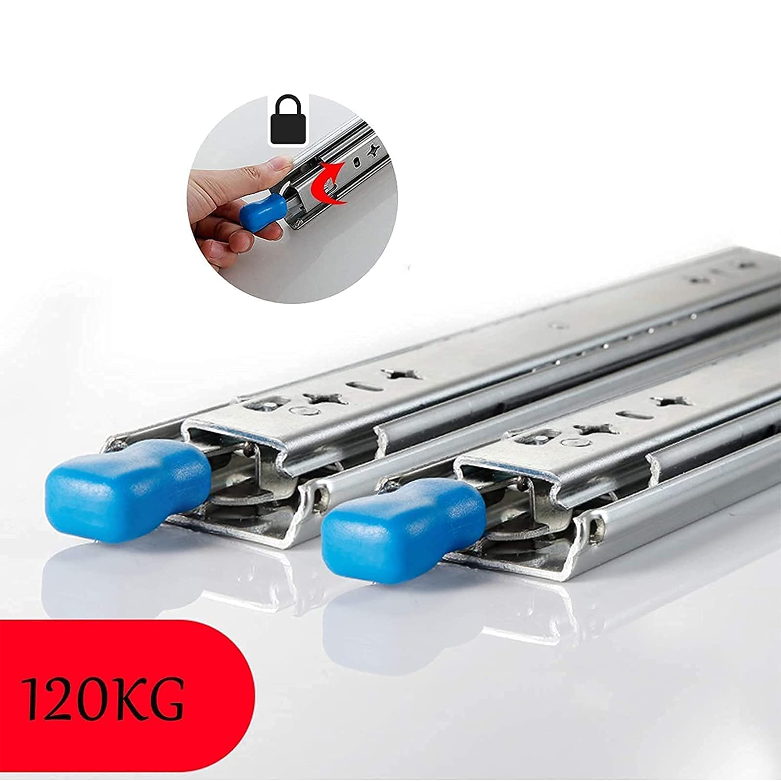 Guías para cajones de servicio pesado con cerradura Guías telescópicas de 300 mm Extensión completa Rieles deslizantes para cajones Capacidad de carga de 120 kg, 1 par, 58 pulg. = 1450 mm (44 pulg. =
