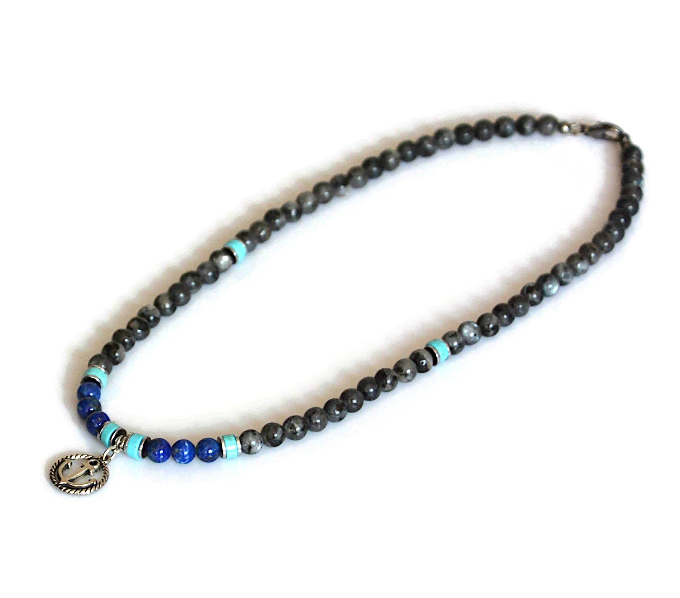 Handmade Surfer Beaded Necklace for Men September Birthstone Lapis Lazuli Turquoise Labradorite Nautical Anchor Pendant Choker Necklace Natural Stone Mens Jewelry Birthday Gift