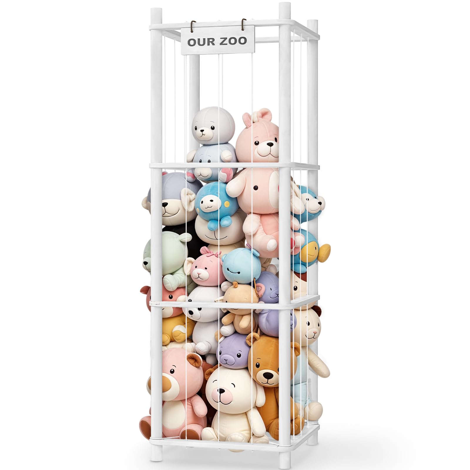 Woodure Stuffed Animal Storage &amp; Organizer, Wooden Cute Zoo Toy Holder for Toddler Rooms, Playrooms &amp; Bedrooms（White）