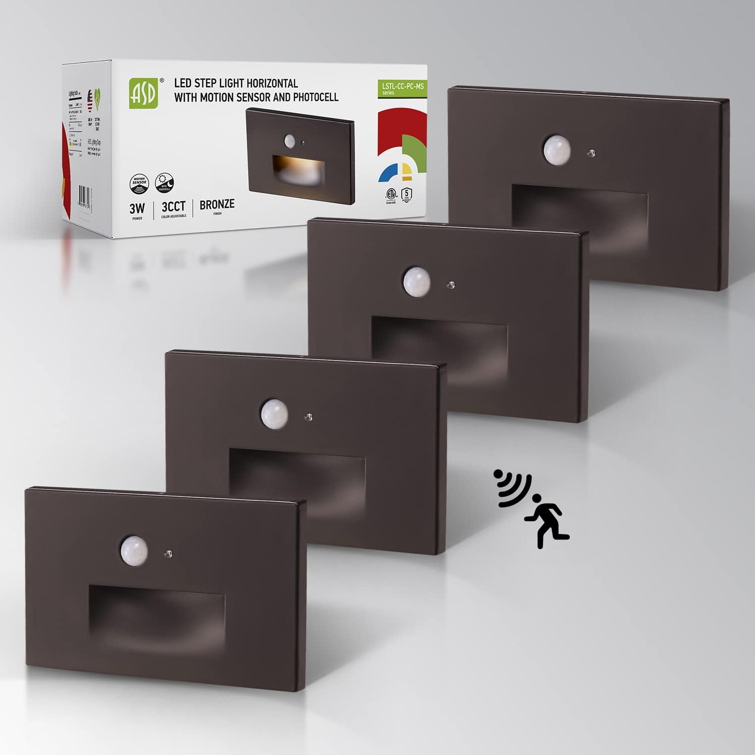 ASD Motion Sensor Stair Lights with Photocell, Indoor Outdoor LED Step