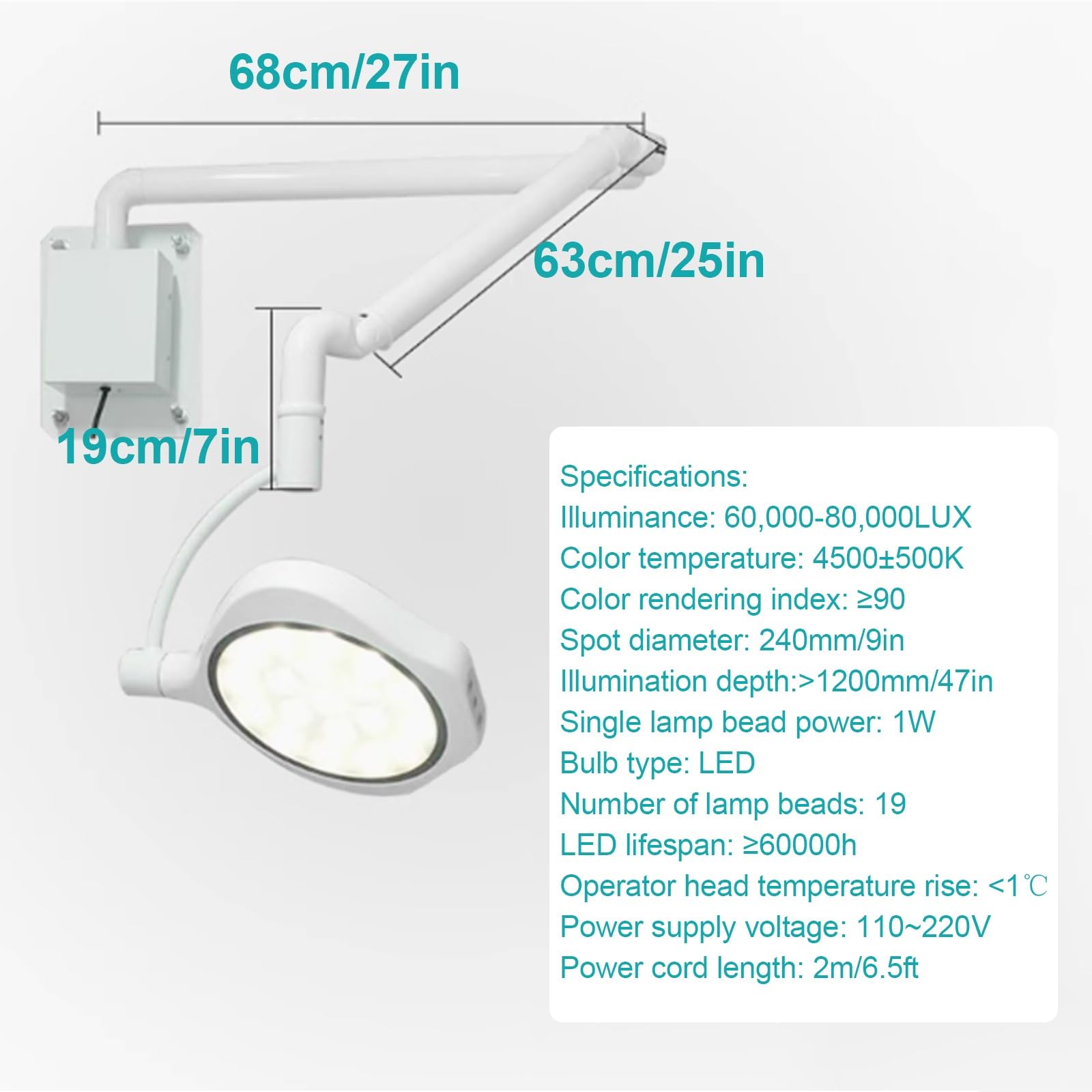 Lampada da Parete a LED per Visita Medica Chirurgica, LED Dentali Lampada, Chirurgica Lampada, 110~220 V, Luminosità Regolabile, per Chirurgia Dentale Otorinolaringoiatrica Veterinaria PET Tatuaggio
