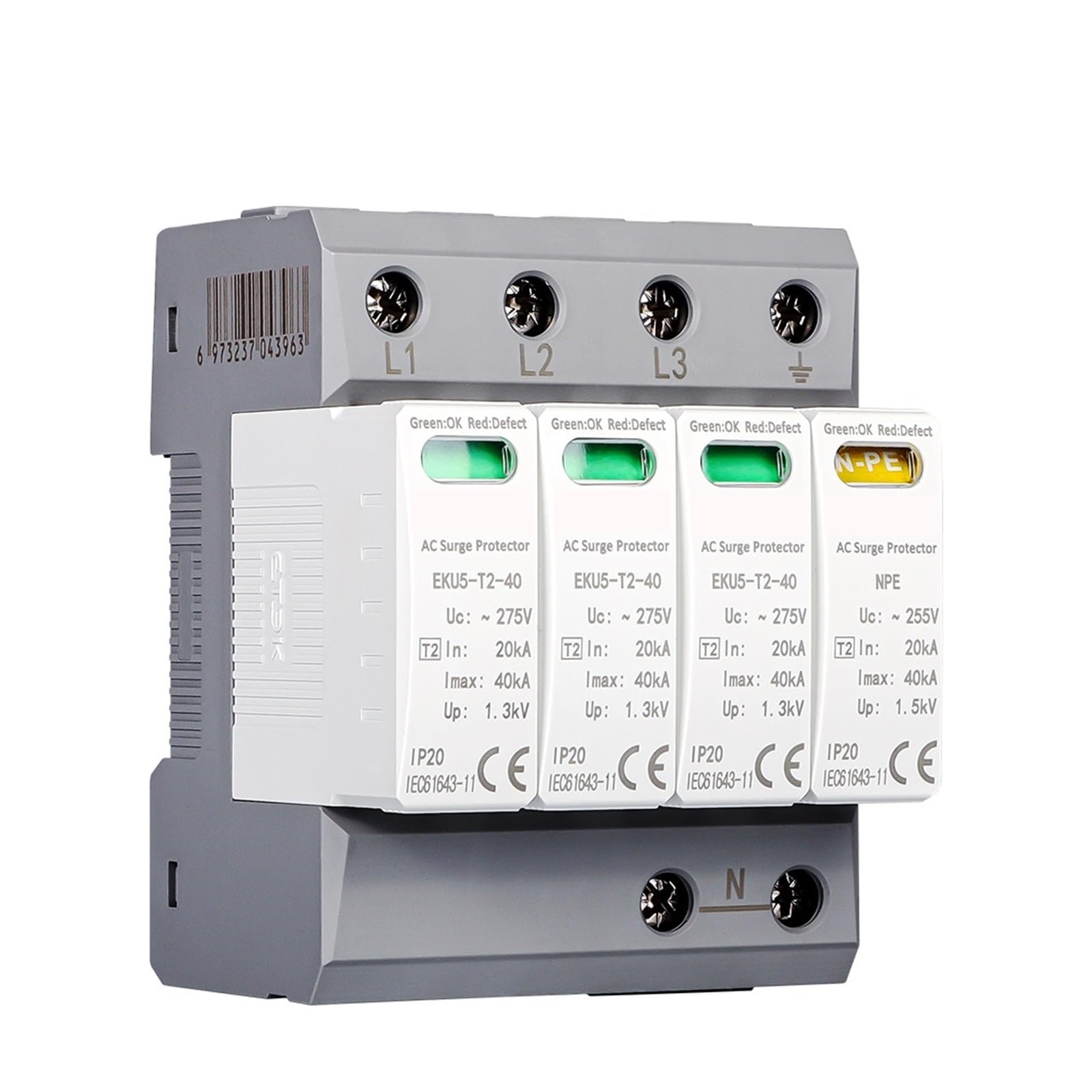 dispositivos de protección contra sobretensiones Dispositivo de protección contra sobretensiones doméstico, pararrayos, tipo de protección T2 SPD AC 4P 20KA ~ 40KA 3P + NPE 275V EKU5-T2-40-3PN275