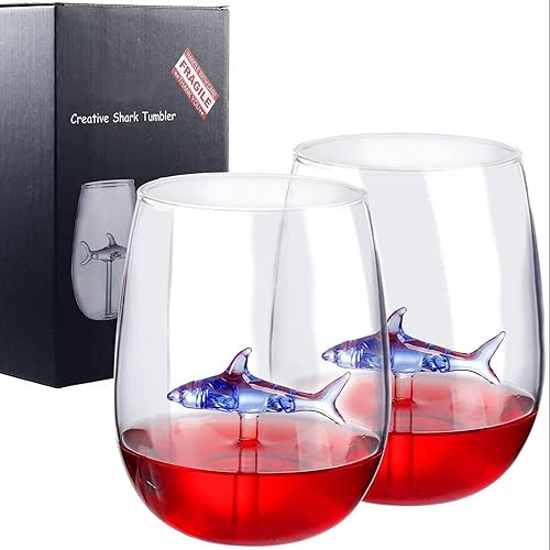 Copas de vino de tiburón, copas de vino personalizadas sin tallo con tiburón en el interior (juego de 2), copas de vino tinto geniales, regalos