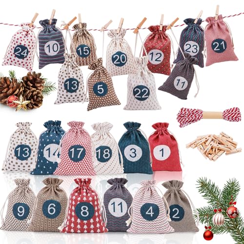 CNMTCCO 2025 Stoff Adventskalender Tüten zum Befüllen Säckchen, 24 Weihnachtskalender Selbst Basteln Hängend, Adventssäckchen zum Befüllen Wiederverwendbar, Adventskalendertüten für Kinder Mädchen