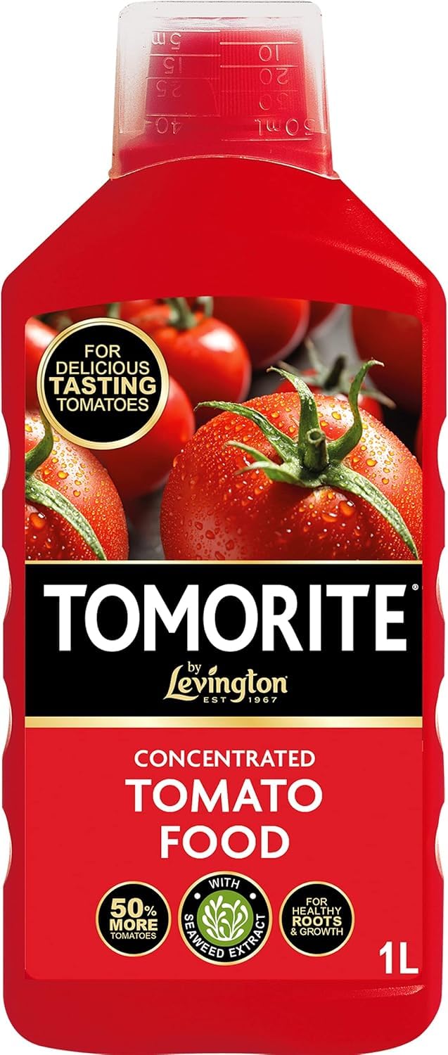 Levington Tomorite Concentrated Tomato Food 1L | Enriched with Seaweed Extract for 50% More Tomatoes | Professional Liquid Plant Food for Peppers Potatoes & Aubergines | NPK 4-3-8 | 1 Litre Bottle