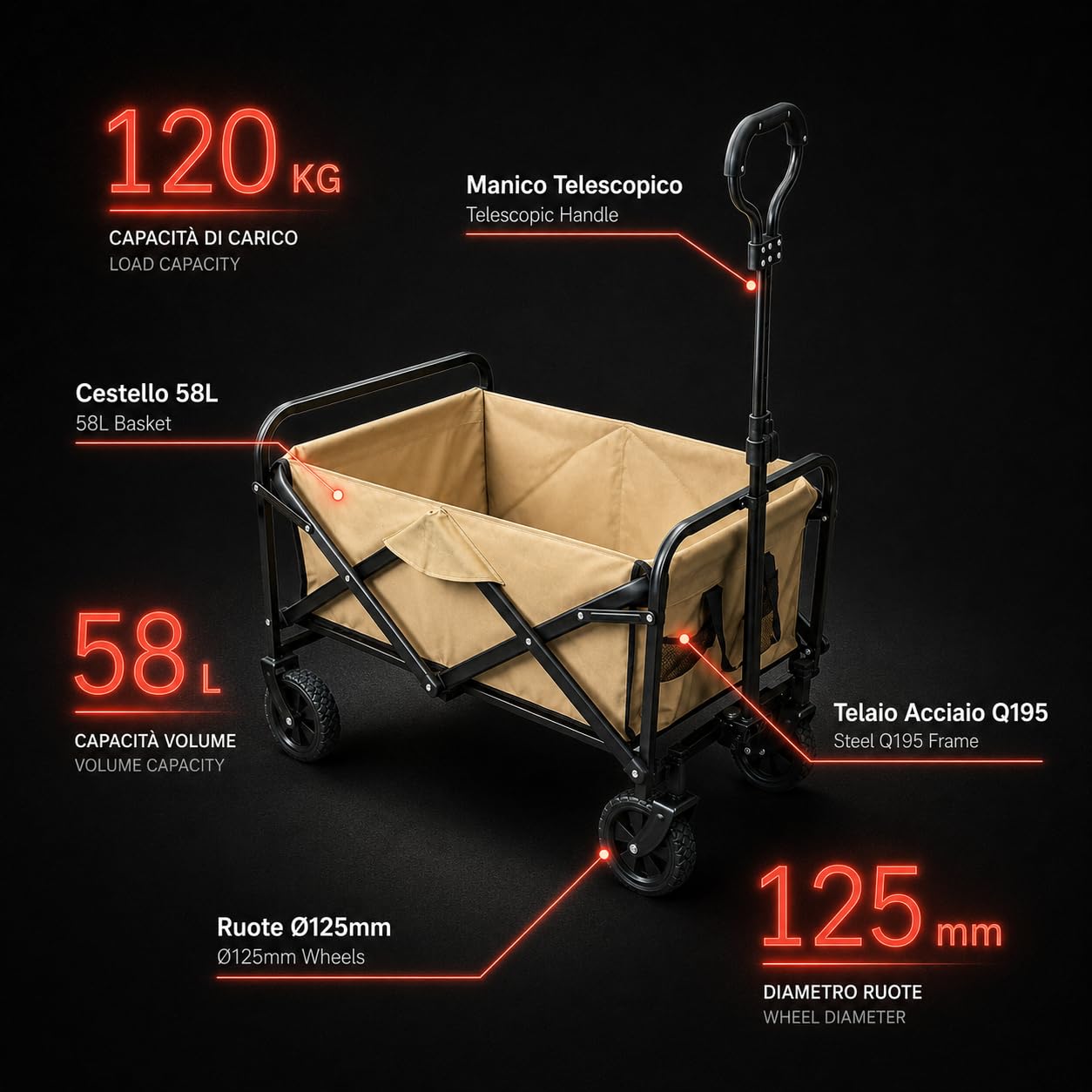 KOMBO - Carrello Pieghevole - Portata 120 Kg, 58 Litri - Telaio Acciaio Q195, 4 Ruote Ø125mm di cui 2 Pivottanti, Manico Telescopico 4 Altezze, per Campeggio Picnic Spesa Giardino e Animali