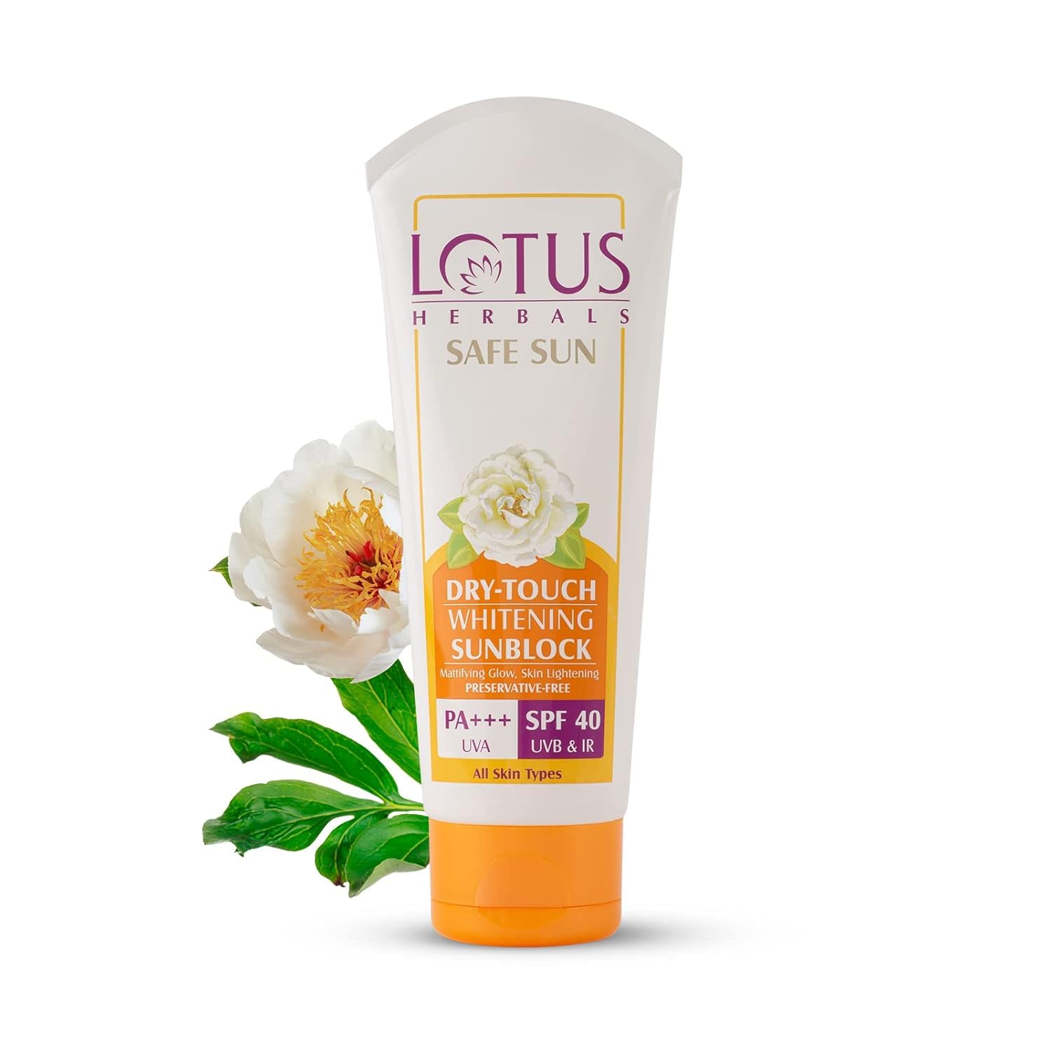 Lotus Herbals Safe Sun Dry-Touch Whitening Sunblock | Matte Texture | SPF 40 | PA+++ | Preservative Free | 50g