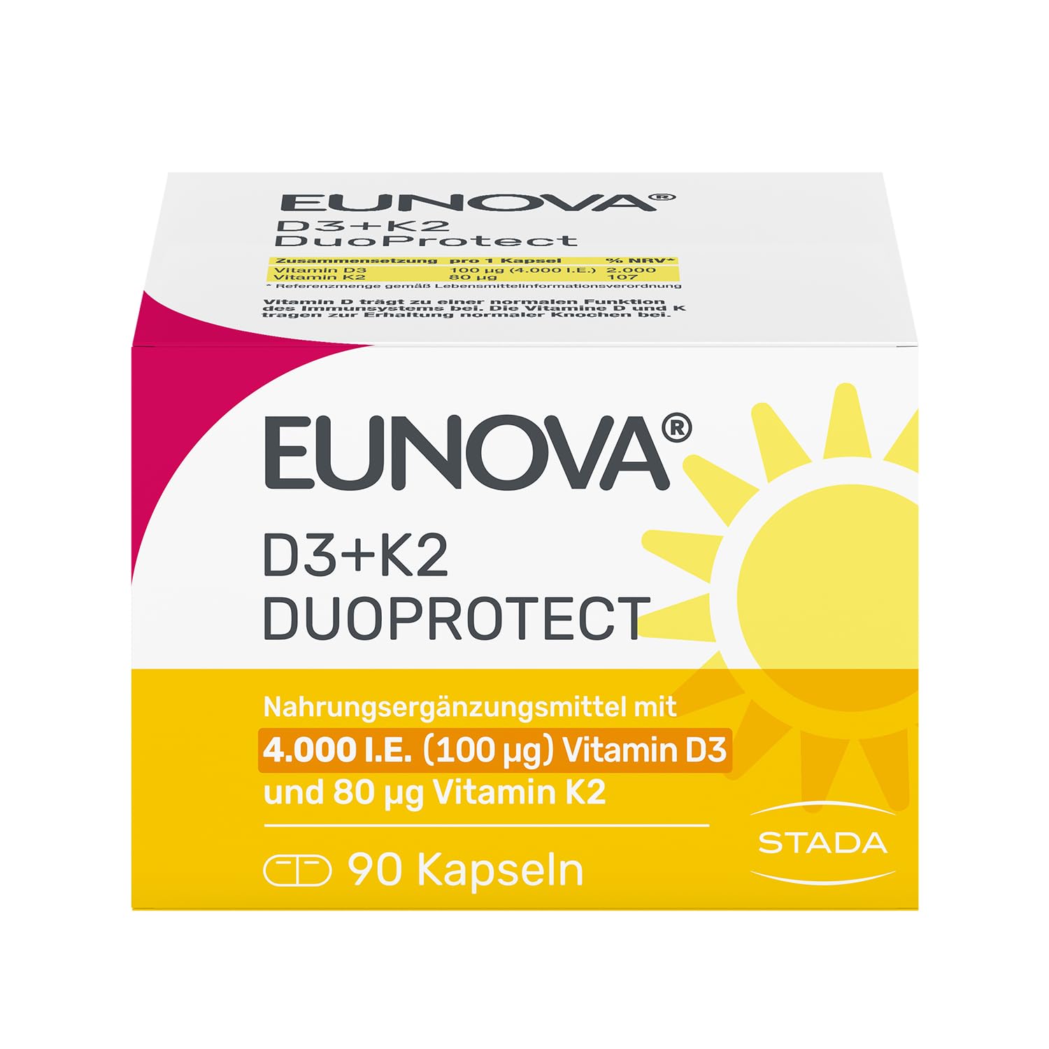 EUNOVA D3+K2 DuoProtect 4000 I.E., hochdosiertes Vitamin D3 & K2, 90 Stück