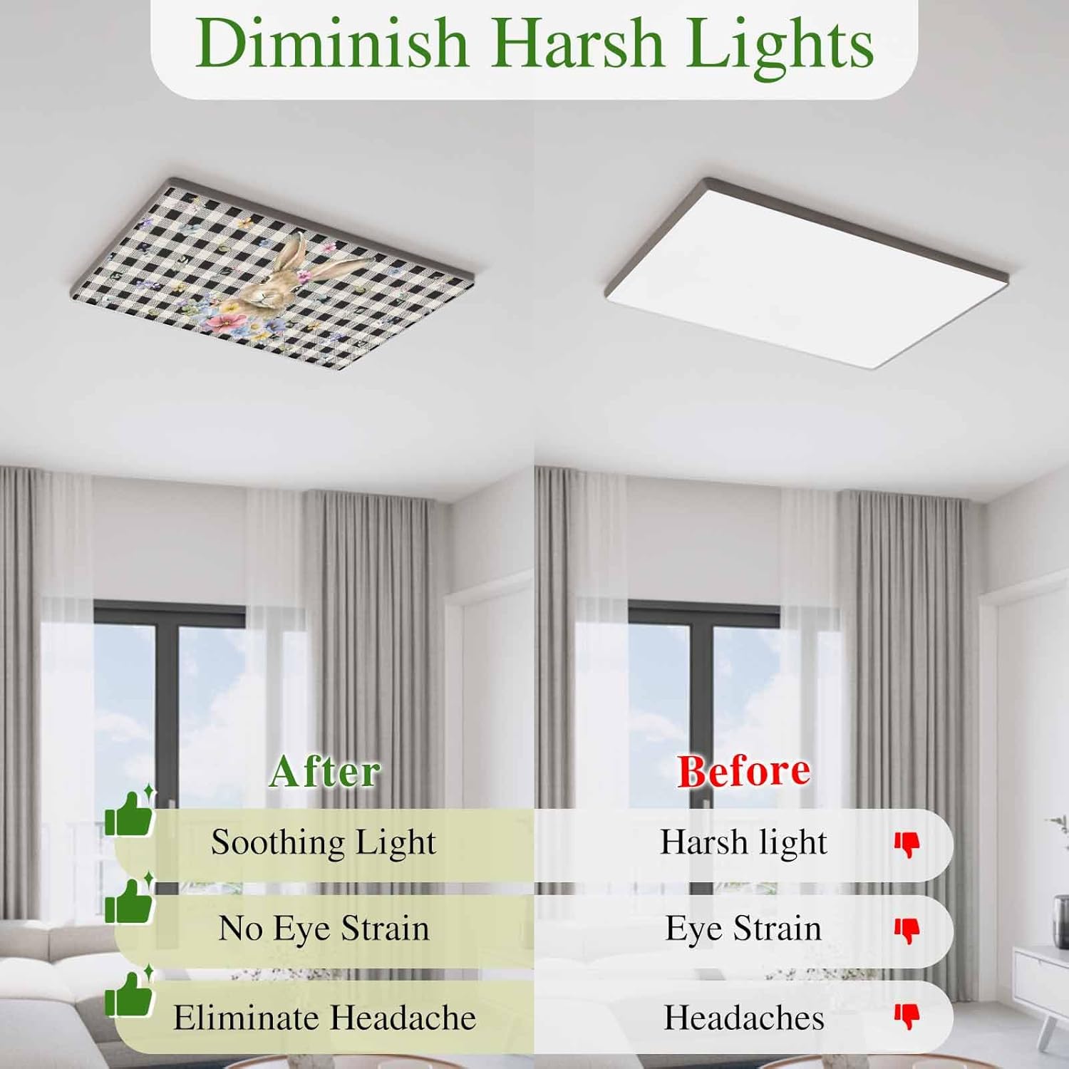 2x4 ft Fluorescent Light Cover for Ceiling Happy Easter Cute Bunny Spring Flower Magnetic Light Filters, Black White Buffalo Plaid Ceiling Lampshades for Home School Office 4Pcs