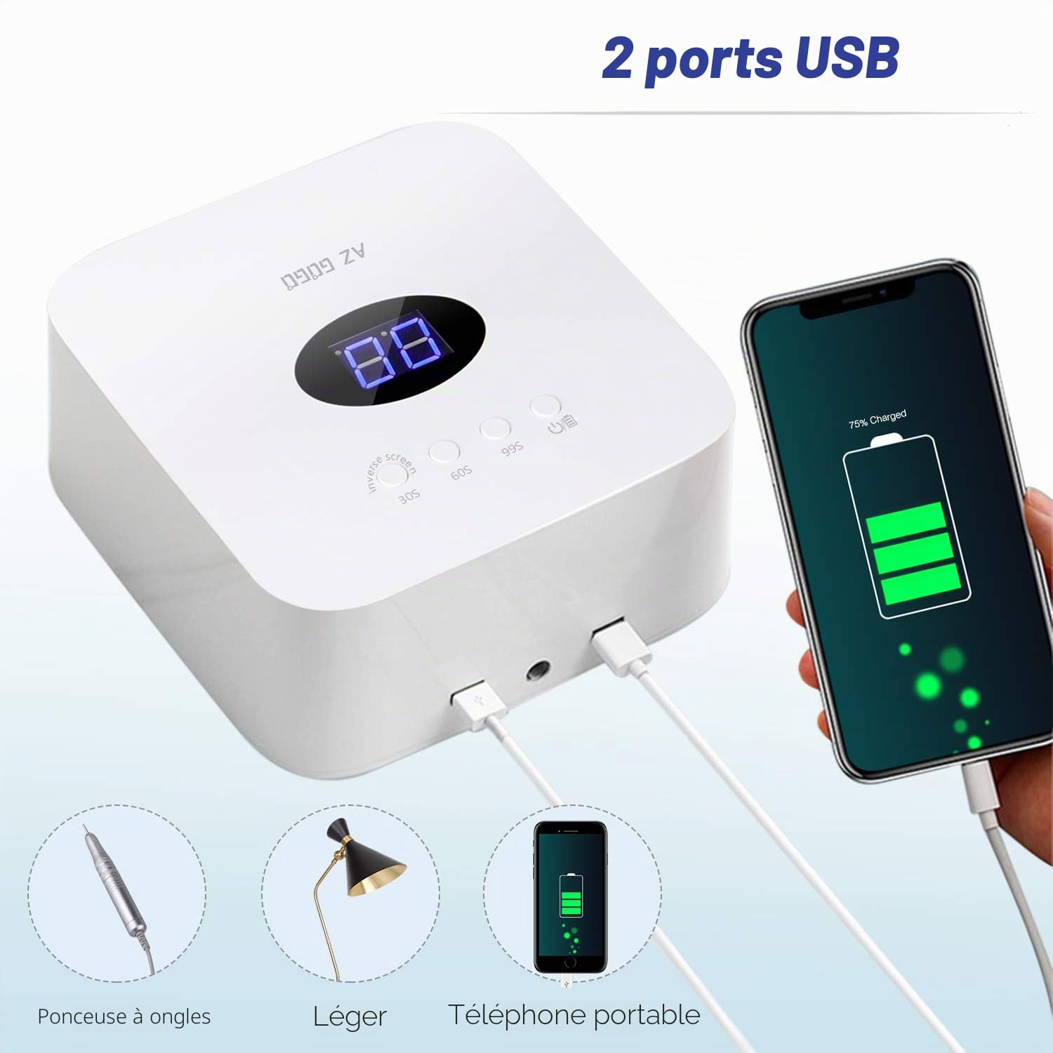 AZ GOGO Lampe UV/LED sans fil pour ongles - Rechargeable, multi-usages - pour vernis gel - pour la maison et le salon
