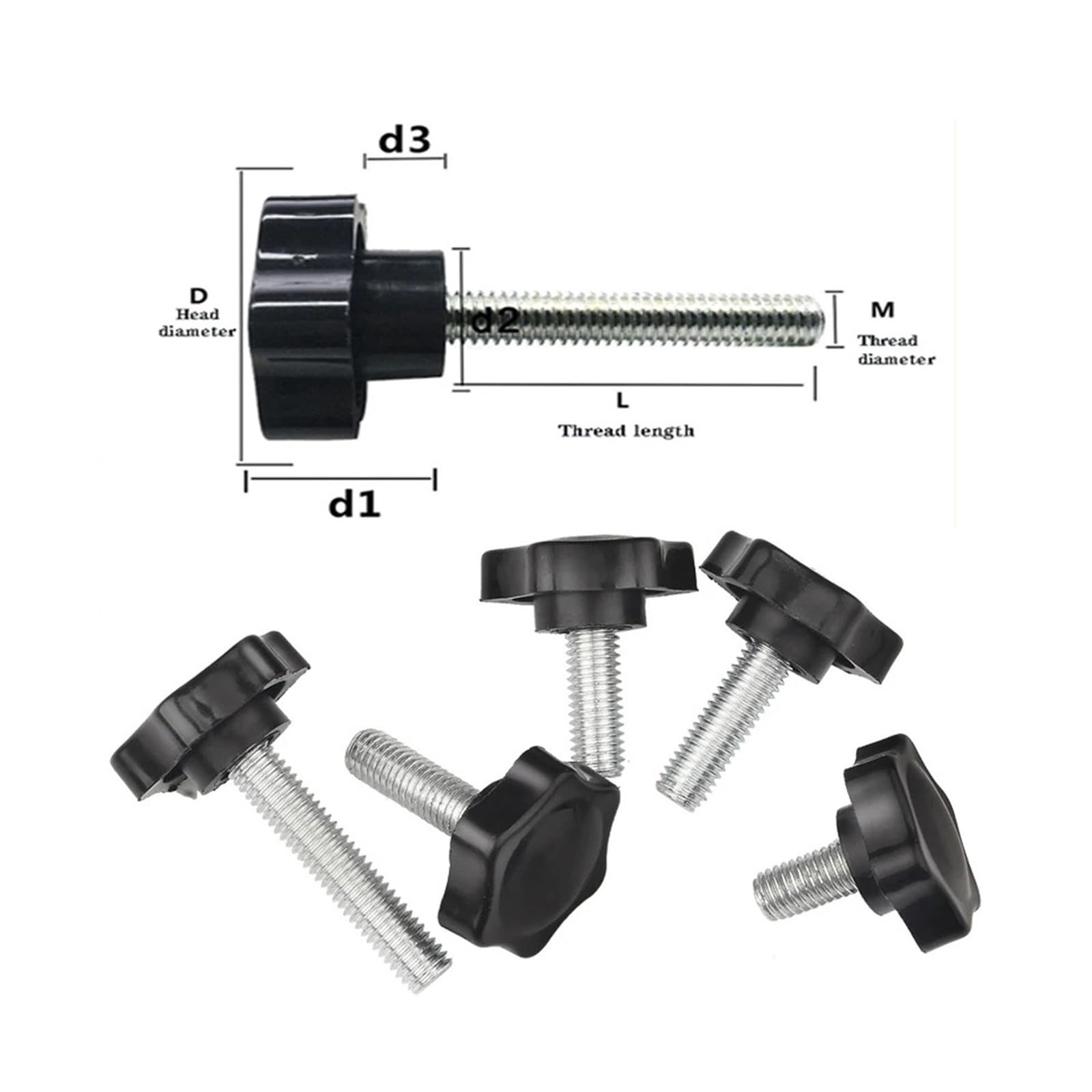 Perno de mango sujeción hilo en forma estrella, perilla mano, tornillo apriete, equipo industrial, acero plástico, M5, M6, 5/10 Uds