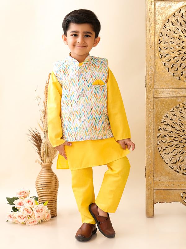 Boys Cotton Printed Gota Work Kurta Pyjama with Jacket Ethnic Wear Set2
