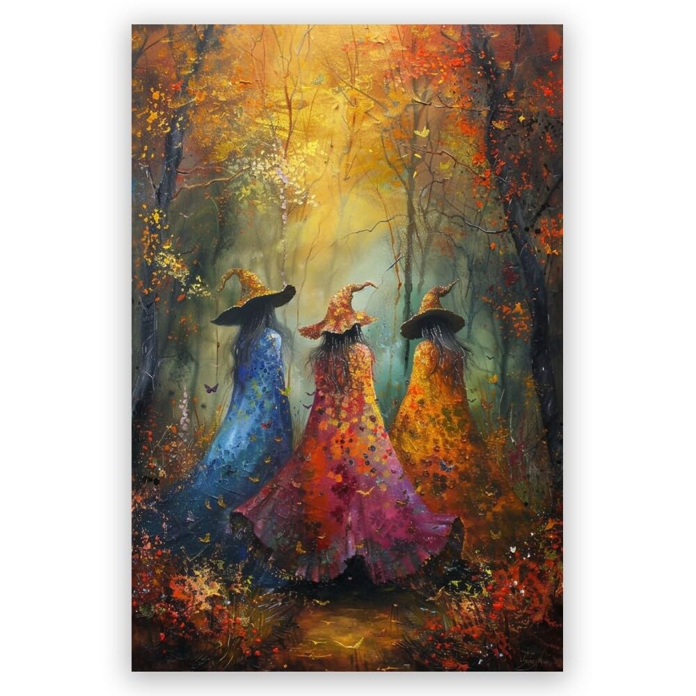 Vintage Halloween Decor Beautiful Witches Poster Magical Witch in The Forest Art Prints Dark Academia Canvas Wall Art for Room Decor Aesthetic