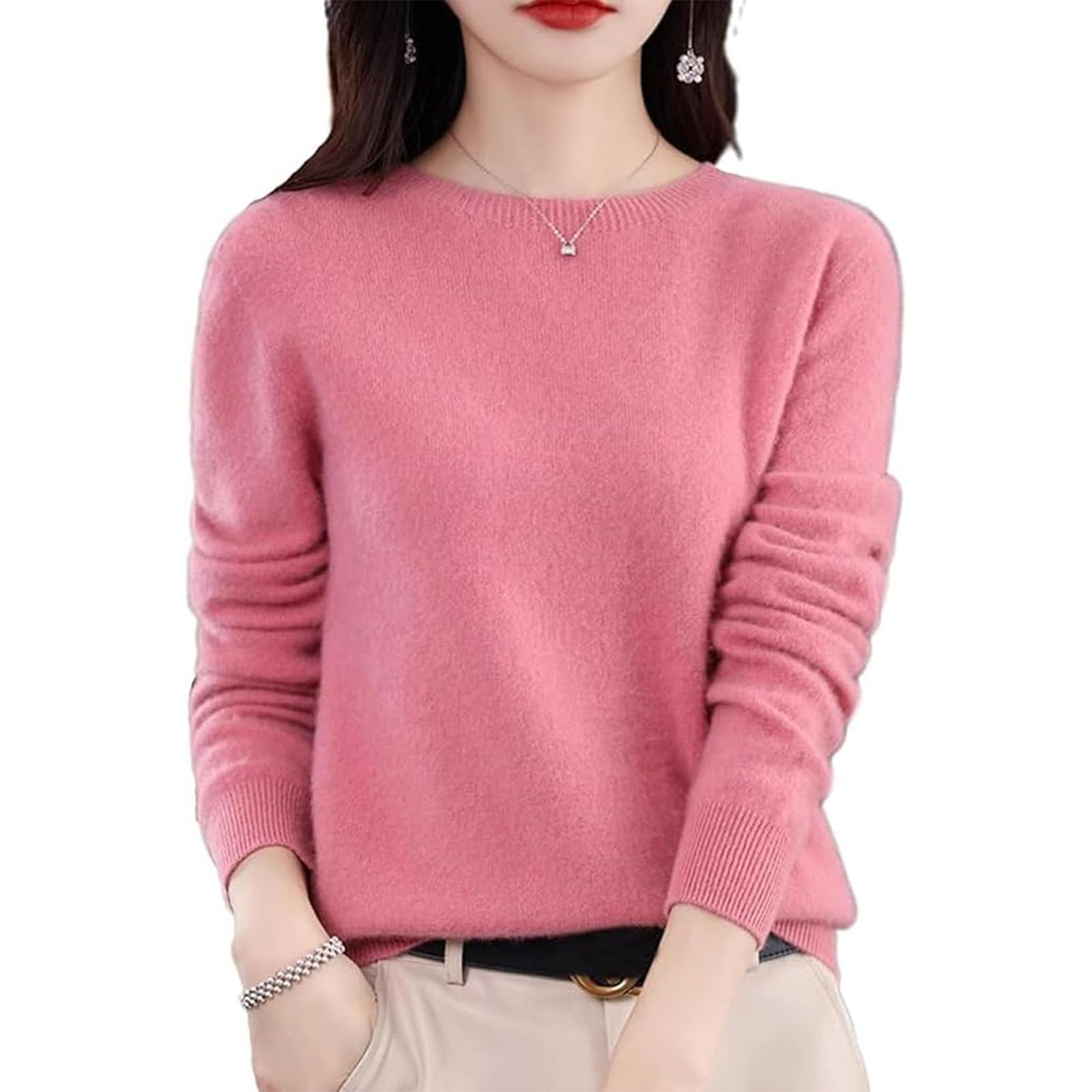 100 Cashmere Womens Crew Neck Sweater Long-Sleeved Knitted Sweater Warm Thick Solid Soft Pullover Versatile Wool Sweater