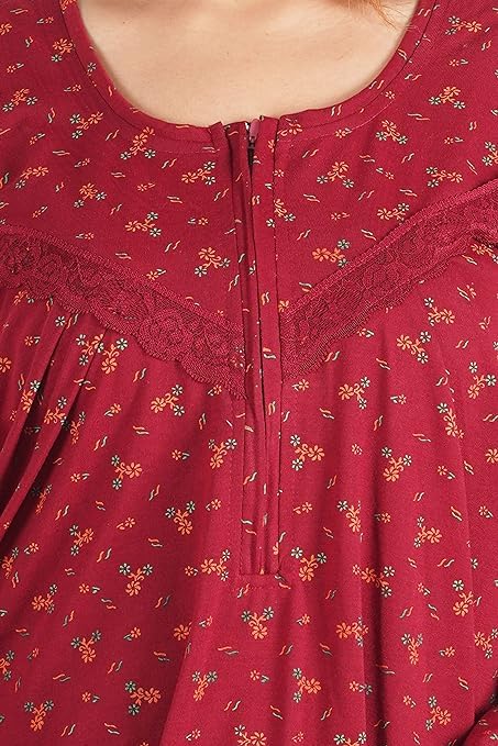 Image of Onekbhalo Women's- Full Sleeves-Feeding- Nursing- Maternity Nighty /Maxi /Gown /Nightdress /Nightwear- Hosiery Cotton Fabric- Floral Print- Embroidery with Zip