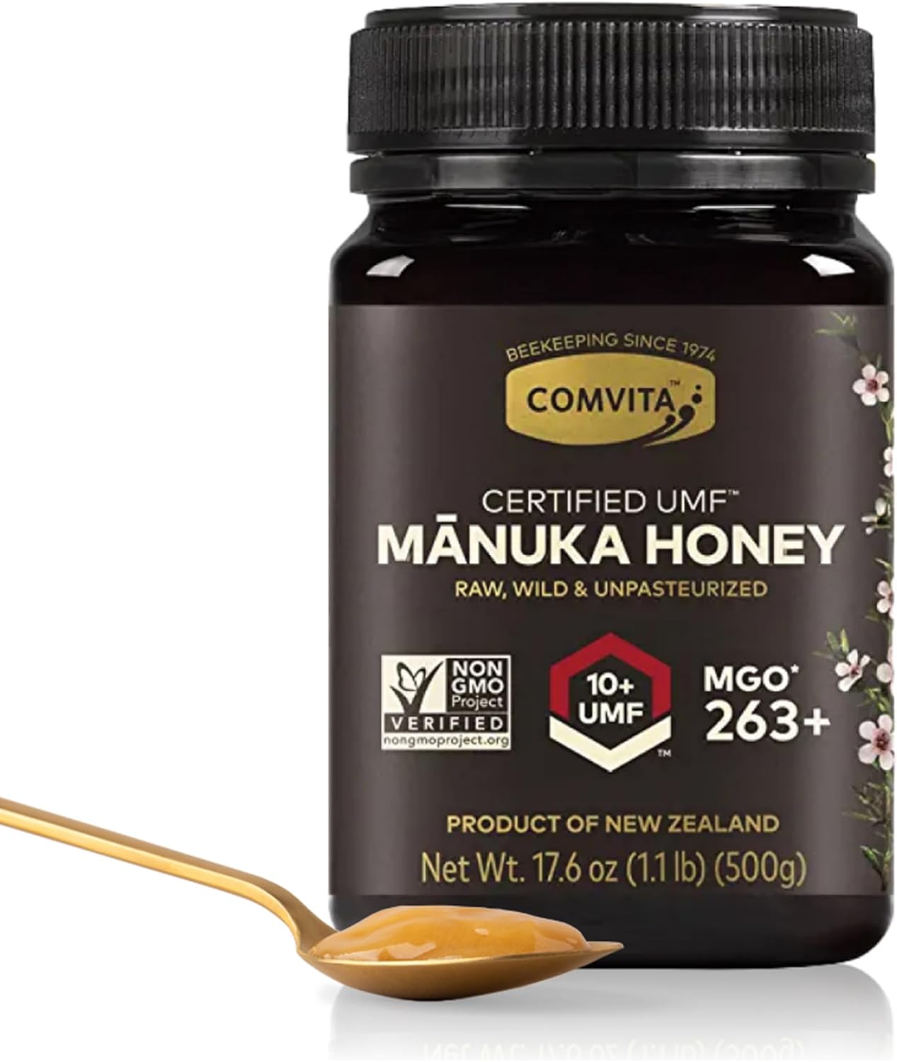 Comvita Manuka Honey UMF 10+ (MGO 263+) - Raw Manuka Honey New Zealand, Pure & Unpasteurized, Superfood for Immune Health, Use in Tea, Wild, Monofloral, Non-GMO - 500g (17.6 oz)