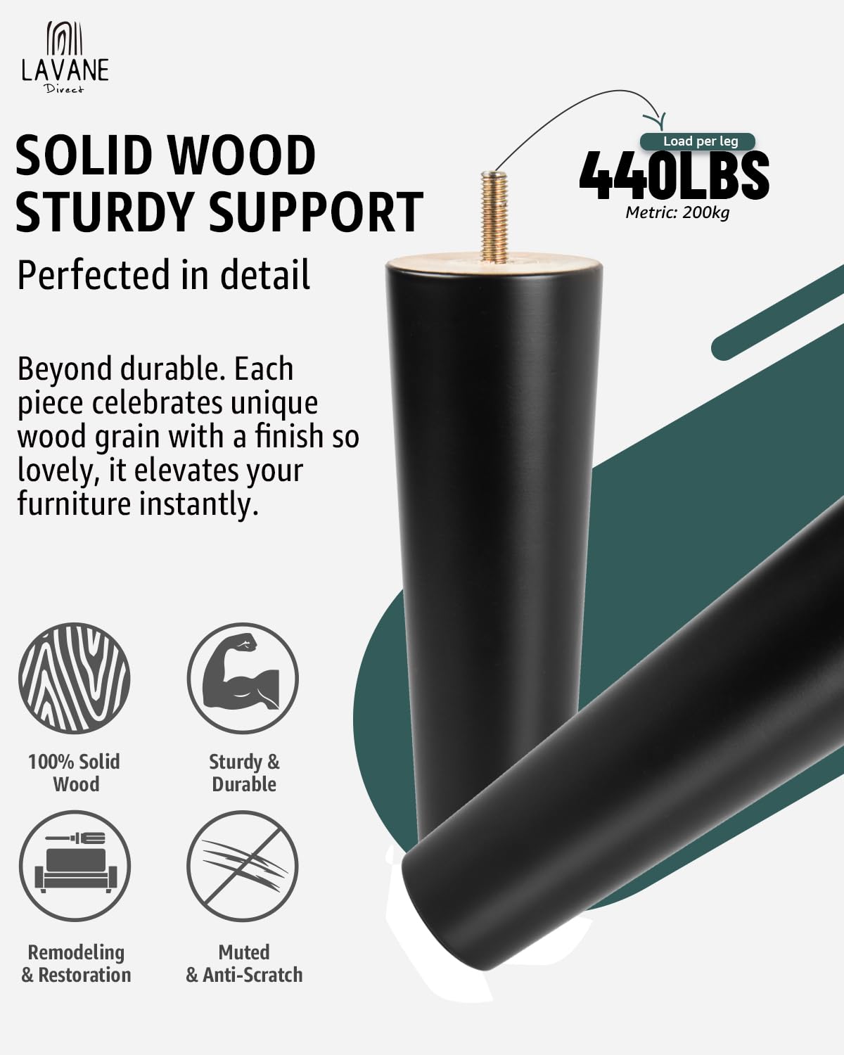 La Vane 4 inch / 10 cm houten meubelpoten, set van 4 zwart massief hout taps toelopende M8 meubels vervangende poten met voorgeboorde 5/16 inch bout & montageplaat & schroeven voor sofa