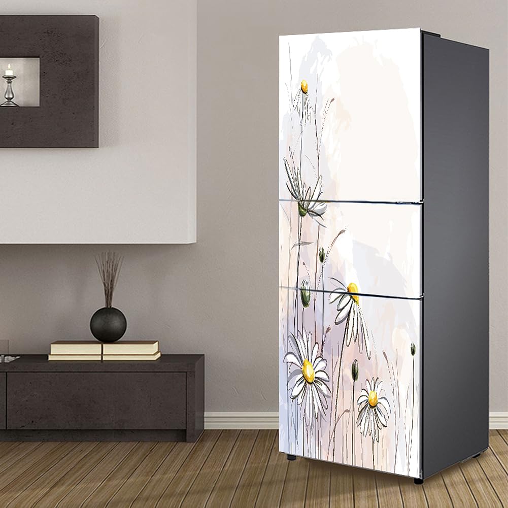 Fridge Sticker, Fridge Sticker Full Covering Door Covers Skins Wall Stickers for Kitchen Decal, White Wild Chrysanthemum(M: 60x180 cm)
