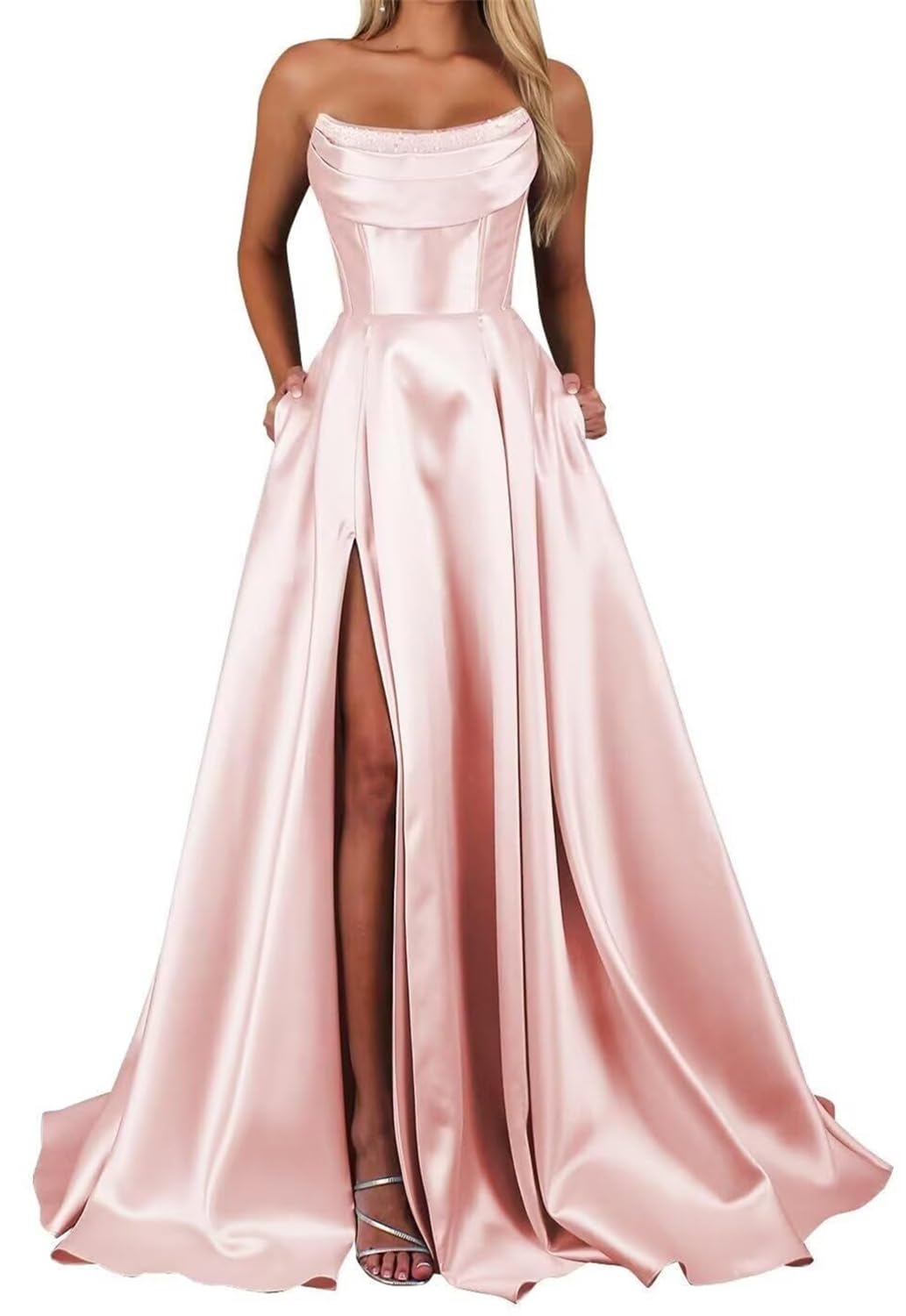 HPPEE Blush Pink Satin Prom Dresses with Slit for Women Strapless Formal Party Gown Corset Long Evening Dress UK6