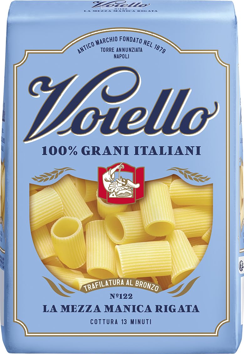 Voiello Pasta Mezze Maniche Rigate n.122, 500g, Grani 100% Italiani, Trafilatura Al Bronzo