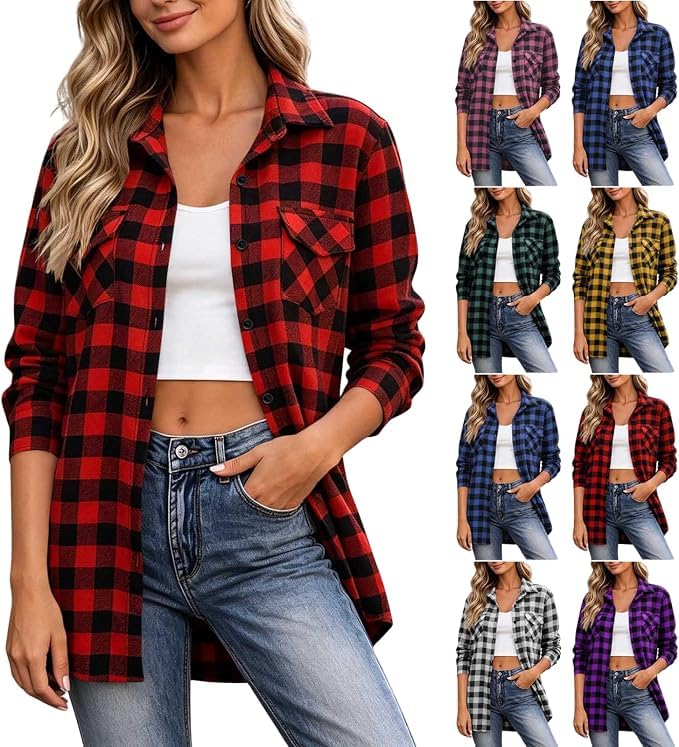 Flannel Shacket for Women Plaid Button Down Long Sleeve Casual Jacket - image 1