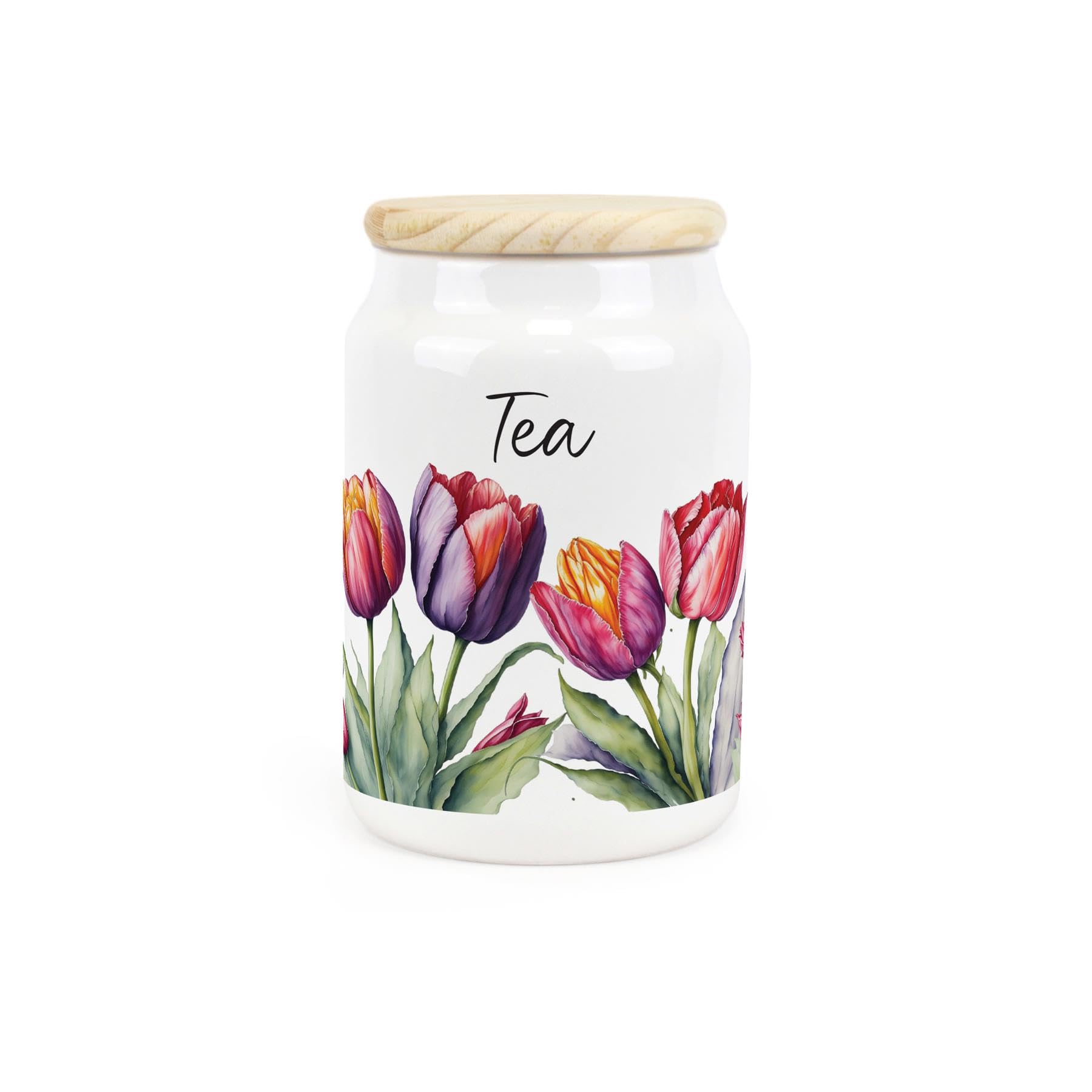 Purely Home Tea Tulips Ceramic Storage Canister - Pink & Purple Floral Gifts For Gardeners - Refillable Kitchen Storage Container & Wooden Lid 600Ml (14.5Cm X 9.5Cm)
