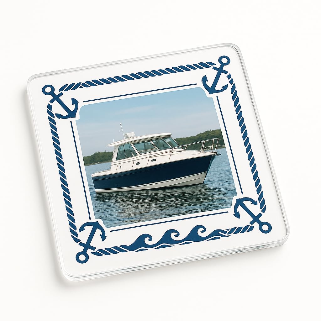 Acrylic Coaster Gift with Custom Boat Photo - Nautical Frame Design Marine Decor for Boating Enthusiasts