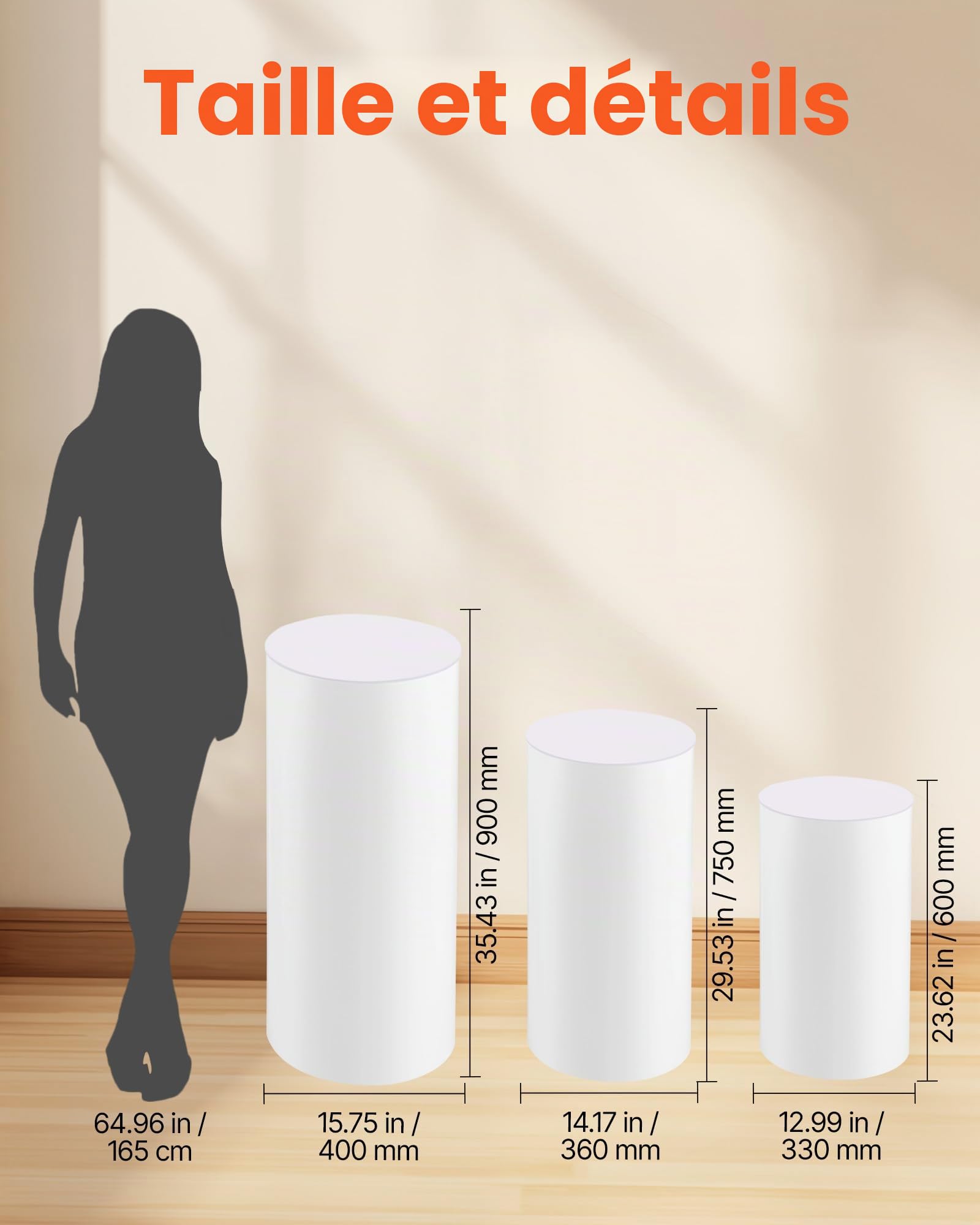 VEVOR Support Fleur Mariage Cylindrique Lot de 3 Support Cylindre Anniversaire 60/75/90 cm Présentoir Fleurs Mariage pour Mariages Fêtes Anniversaires Déco Artistique, Couvercle PVC Charge 15 kg Blanc