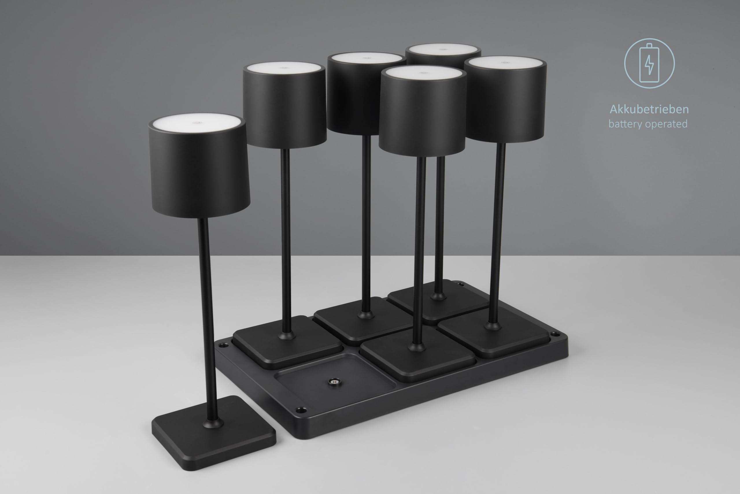 6er Set LED Tischlampe Fernando, Akku Design Tischleuchte (inkl. 6er Ladestation), Indoor & Oudoor IP54, per Touch stufenlos dimmbar, 13 x 38 cm, Kunststoff, 1W, schwarz matt