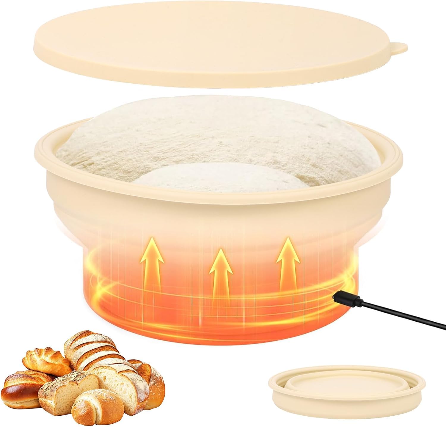 MOWETOO Cesta de fermentación de silicona con calefacción, juego de 2 litros para la preparación del pan (incluido. accesorios)