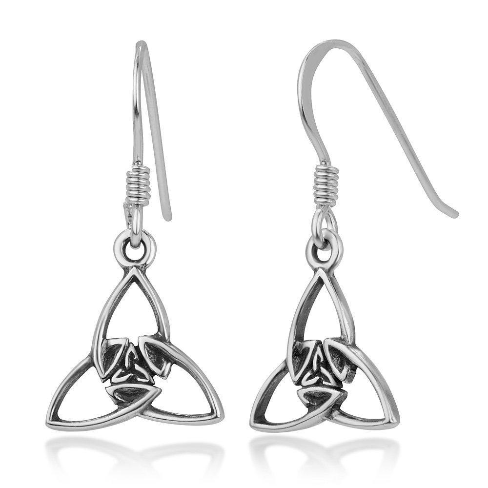 Chuvora925 Oxidized Sterling Silver Open Celtic Knot Triquetra Trinity Knot Triangle Dangle Hook Earrings 1"