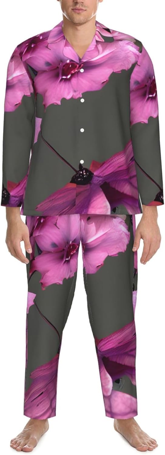 Butterflies Flowers Print Luxurious Mens Pajamas Set,Breathable Pajamas Set,Perfect For Lounging Bed,Sofa