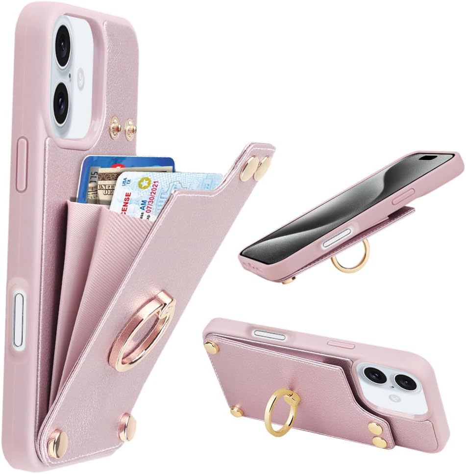 LAMEEKU Compatible with iPhone 16 Wallet Case with Card Holder, 360°Rotation Ring Kickstand RFID Blocking Leather Protective Case for iPhone 16 6.1'' Rose Gold