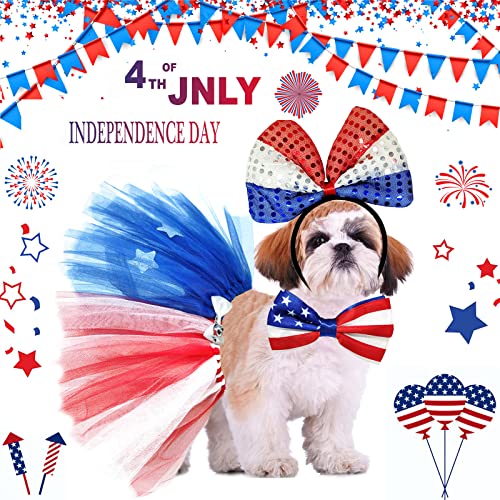 4Th July Pet Costume 3Pcs Usa Independence Day Costume Accessories American Flag Bowtie Collar Headband Mesh Tutu Skirt Patriotic Outfit For Medium Dogs Puppy (Red Blue White, Shiny Bowtie) #TOP6
