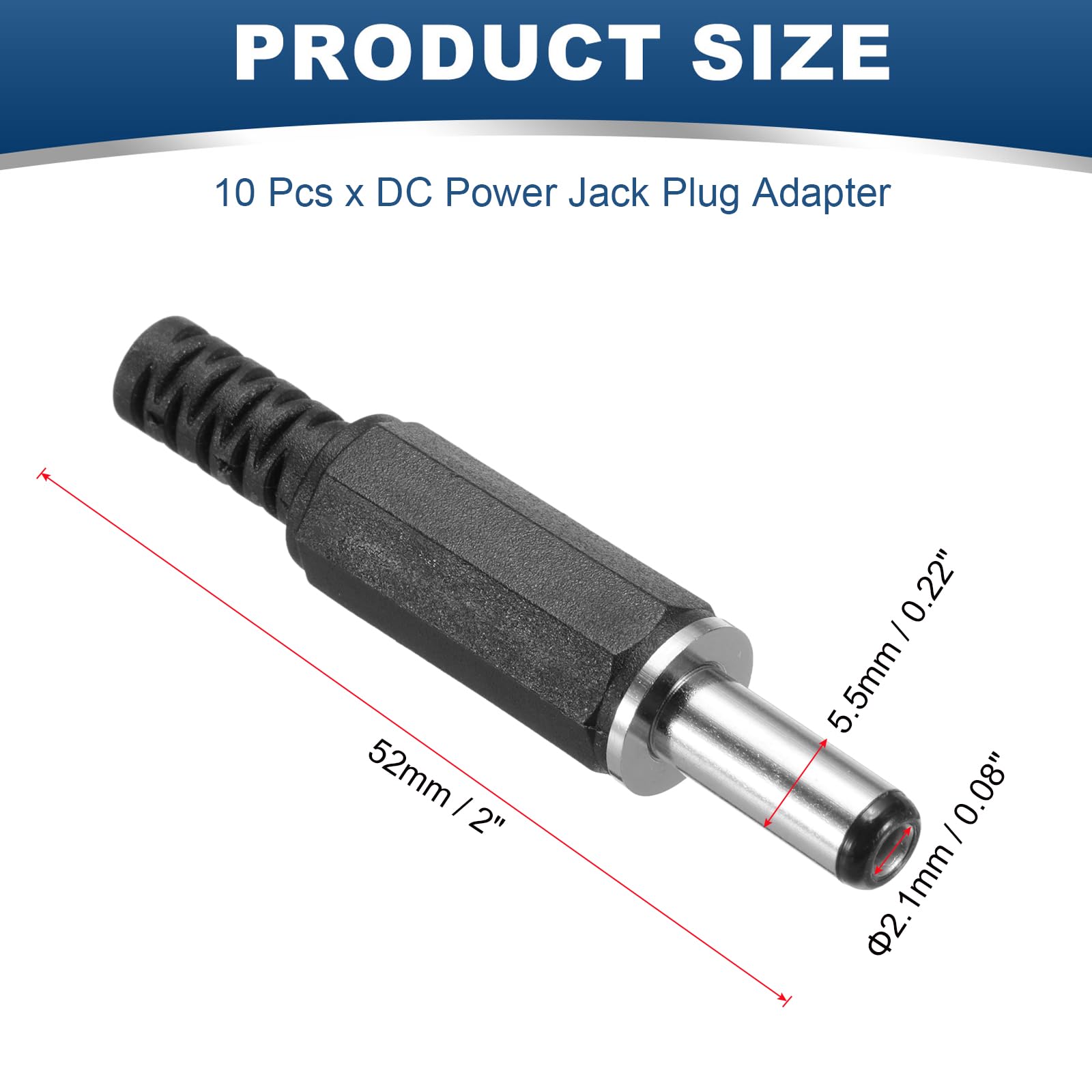 MECCANIXITY 10pcs DC Male Power Adapter Connector, 5.5mm x 2.1mm DC Power Jack Plug Adapter 2.05