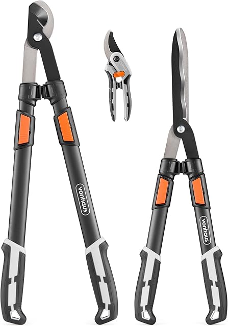 VonHaus VonHaus 3-Teiliges Gartenscheren Set – Baumschere, Heckenschere, Gartenschere – Teleskopisch Verlängerbare Strauchschere mit Weichen Griffen – Leicht — Heckenscheren