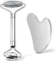 Stainless Steel Gua Sha & Face Roller Set for Lymphatic Drainage, Facial Sculpting, Jawline & Chin Definition - Includes Pouch