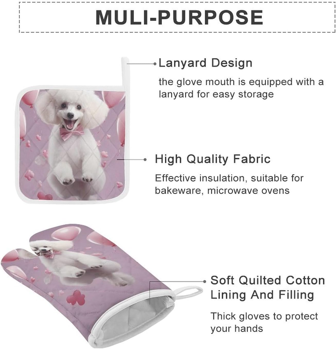 Cute Poodle 4 Pcs Oven Mitts and Pot Holders Set High Heat Resistant Long Kitchen Oven Glove Potholders