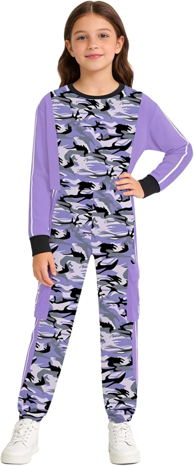 2026 Fashion Sweatsuit Long Sleeve Print Pullover+Sport Jogging Sweatpants for Girls Practice Outing