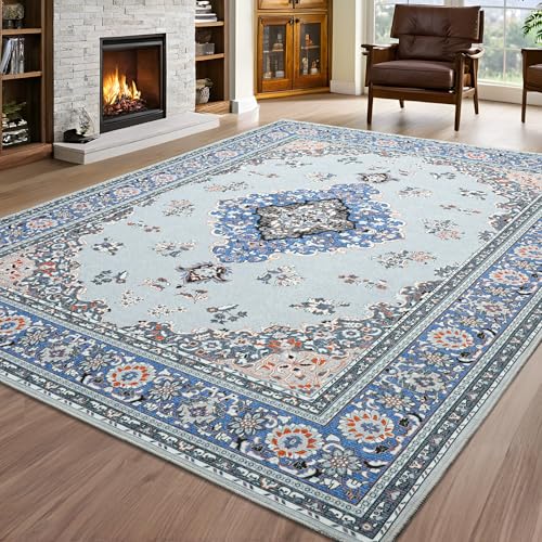 Tepook Large 6×9 Area Rugs for Living Room, Indoor Machine Washable Rugs Floor Carpet for Bedroom, Low Pile Non Slip Vintage Rugs for Dining Room Kitchen Office Table Home Decor, Blue/Grey