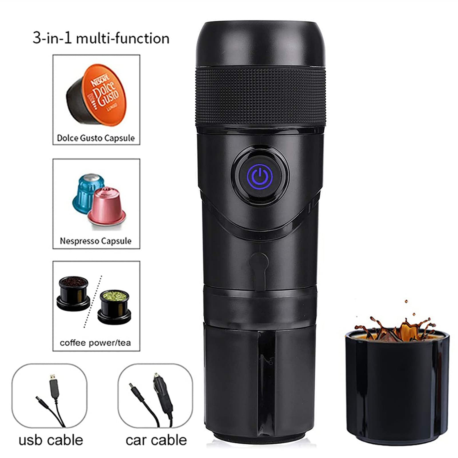 3 En 1 Machine à Cafe Portable, 72W CafetièRe Portable, 12V Expresso CafetièRe Rechargeable, USB CafetièRes Expresso à Capsules, RéServoir D'Eau 90ml, Pour Bureau Camping Voiture Voyage