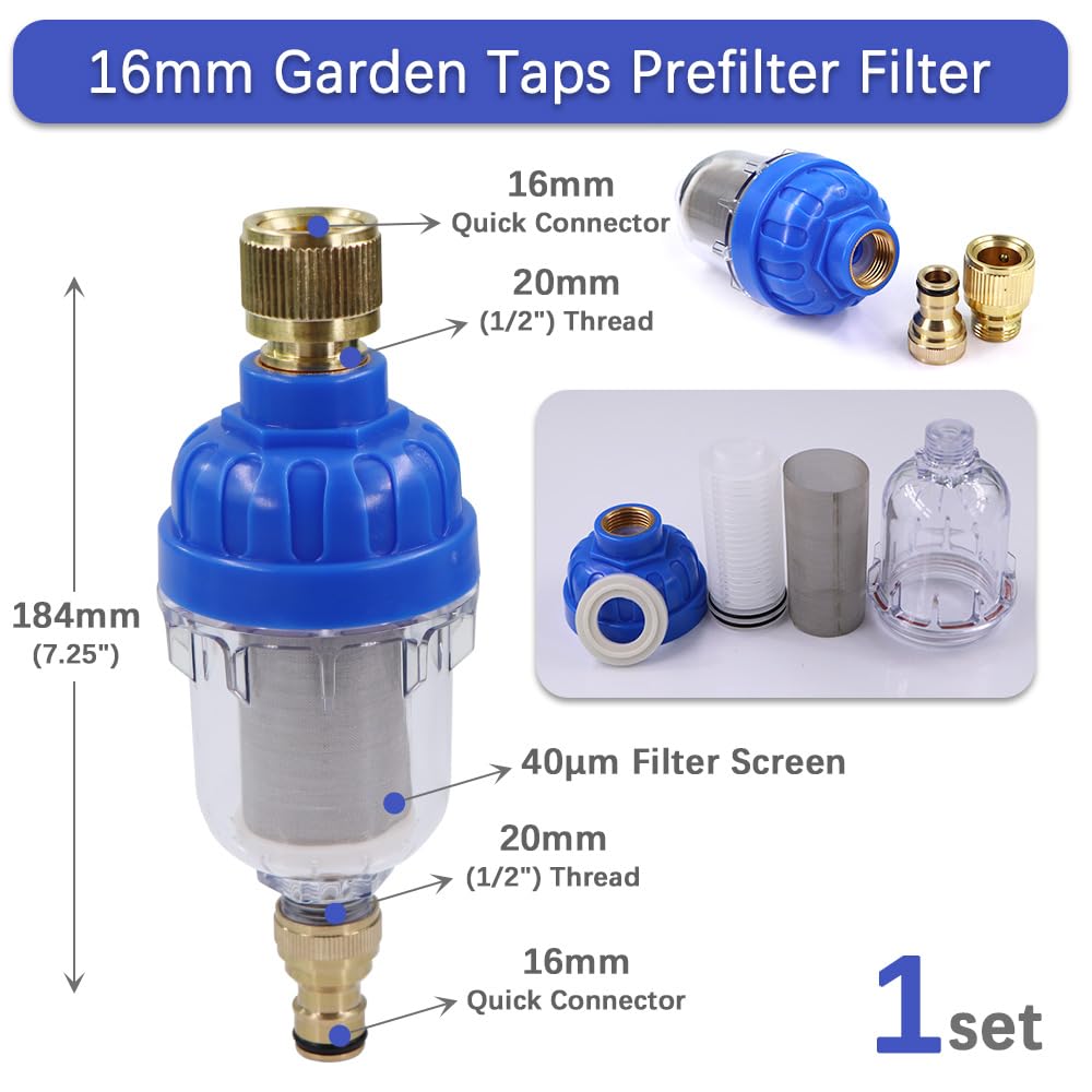 Préfiltre 1/2" 40 μm, tétine 16 mm, robinets de Jardin, Filtre Robinet, connecteur Rapide, Tamis en Acier Inoxydable 316, Adaptateur Tuyau d'irrigation